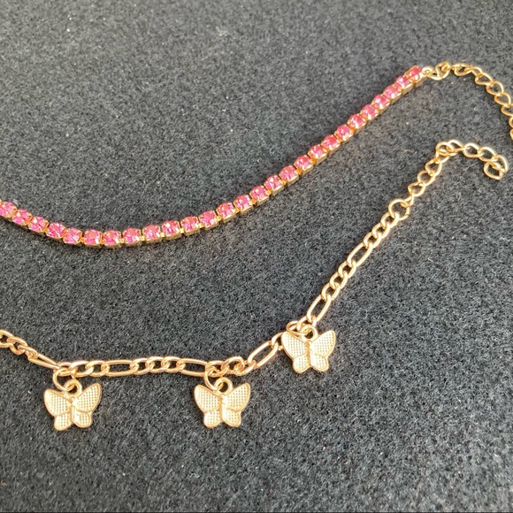 Gold Toned Butterfly & Pink Rhinestone Anklet Set - Picture 4 of 6